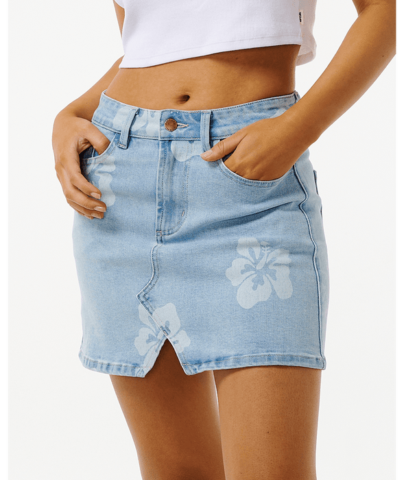 Rip Curl Hibiscus Heat Overdyed Denim Skirt-Light Blue