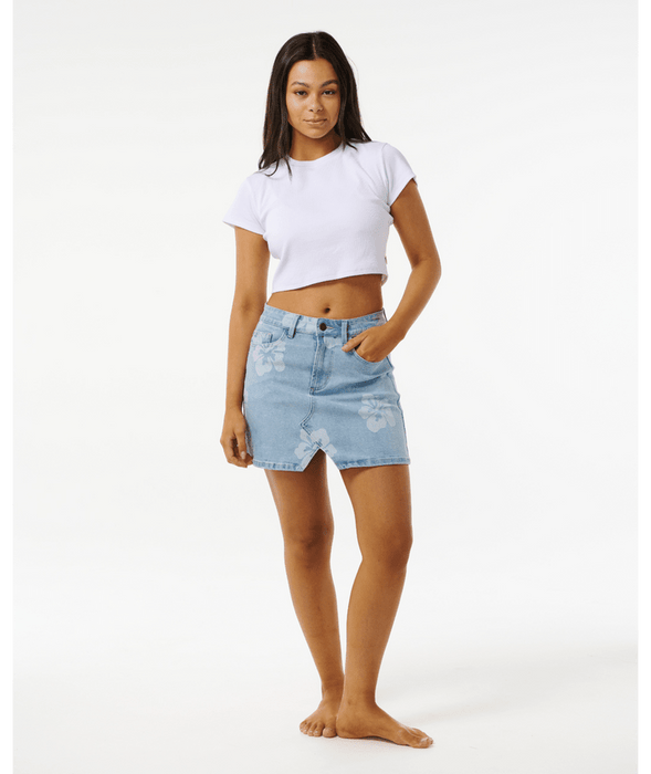 Rip Curl Hibiscus Heat Overdyed Denim Skirt-Light Blue