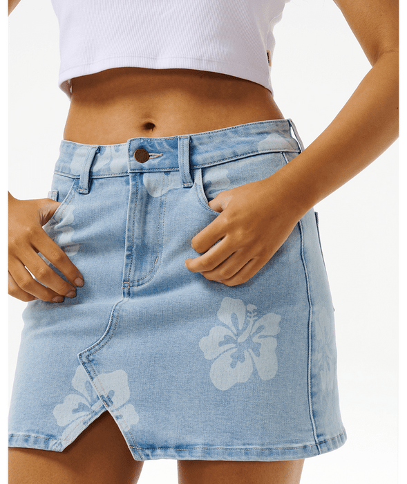Rip Curl Hibiscus Heat Overdyed Denim Skirt-Light Blue