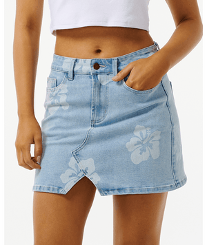 Rip Curl Hibiscus Heat Overdyed Denim Skirt-Light Blue