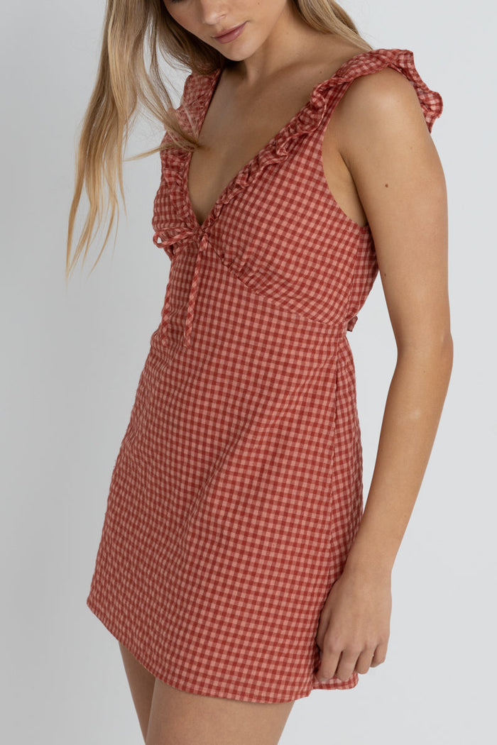 Rhythm Lola Check Ruffle Mini Dress-Red