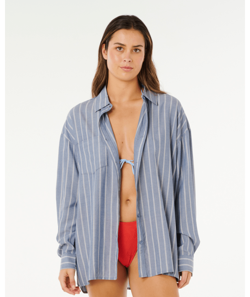 Rip Curl Beach Days Pinstripe L/S Shirt-Dusty Blue