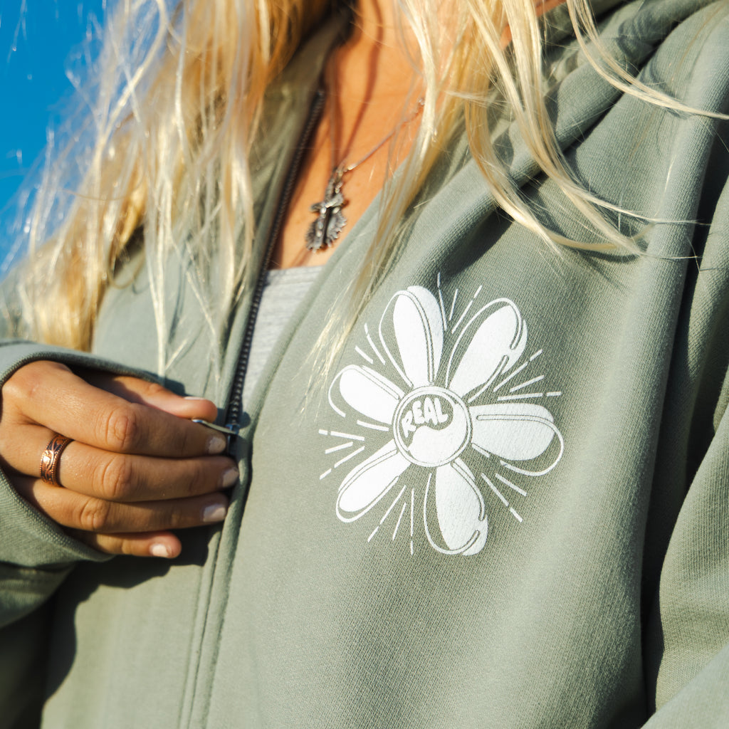REAL Daisy Full Zip Hooded Sweatshirt-Green Earth