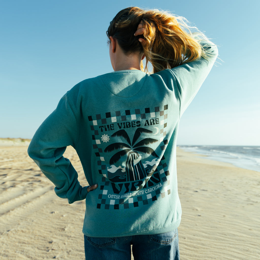 REAL Vibes Beach Crew Sweatshirt-Jade Green