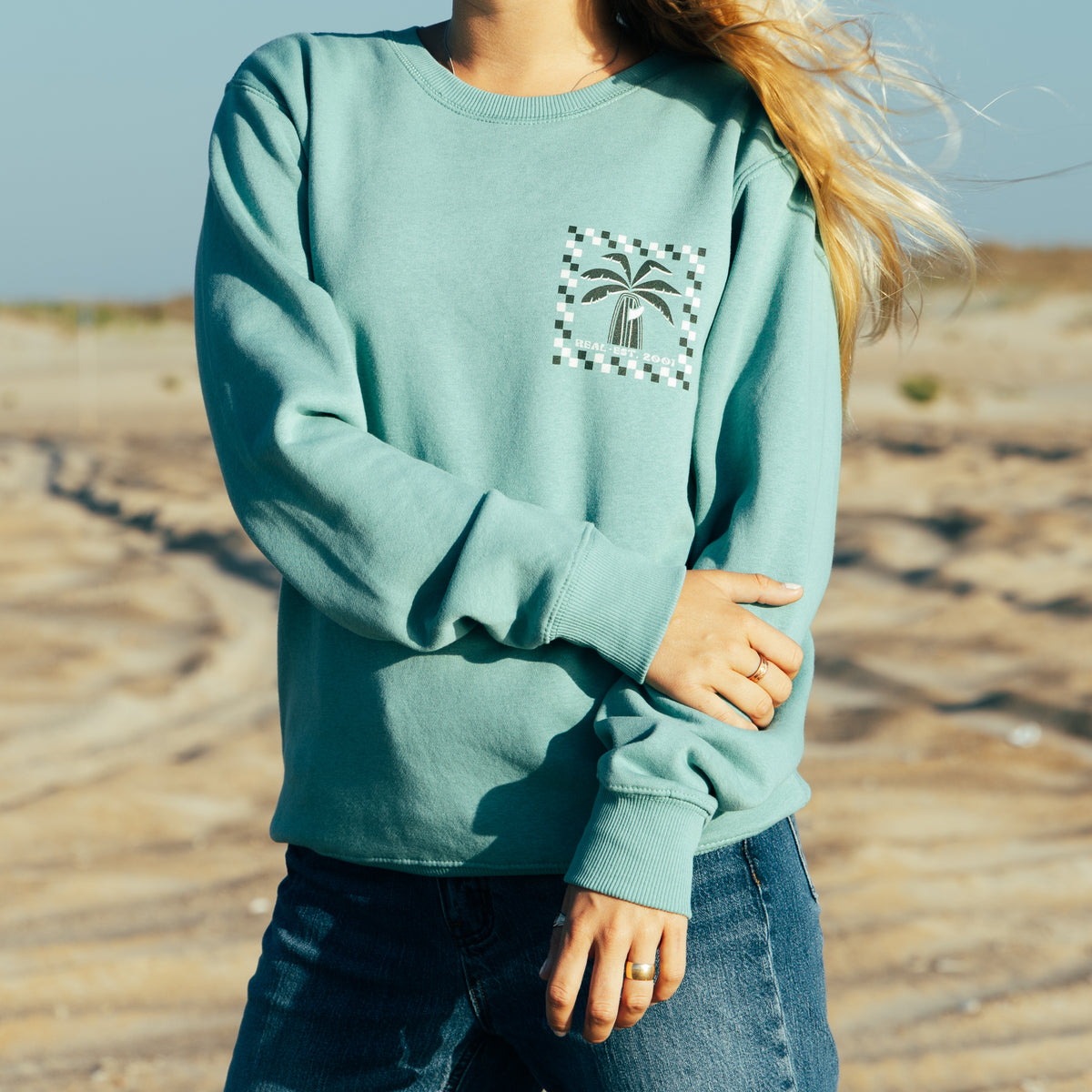 REAL Vibes Beach Crew Sweatshirt-Jade Green