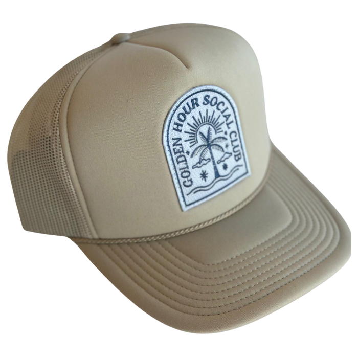 Local Beach Golden Hour Social Club Patch Trucker Hat-Tan
