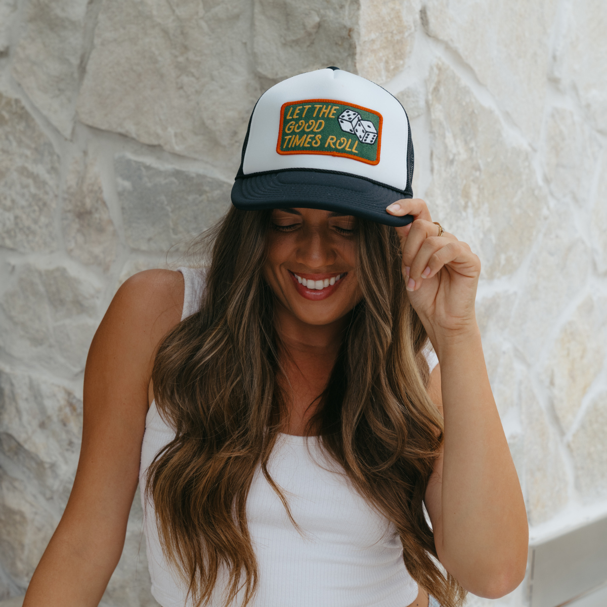 Local Beach Let The Good Times Roll Trucker Hat-Black/White