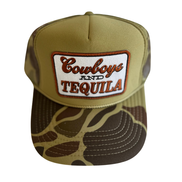 Local Beach Cowboys And Tequila Trucker Hat-Camo