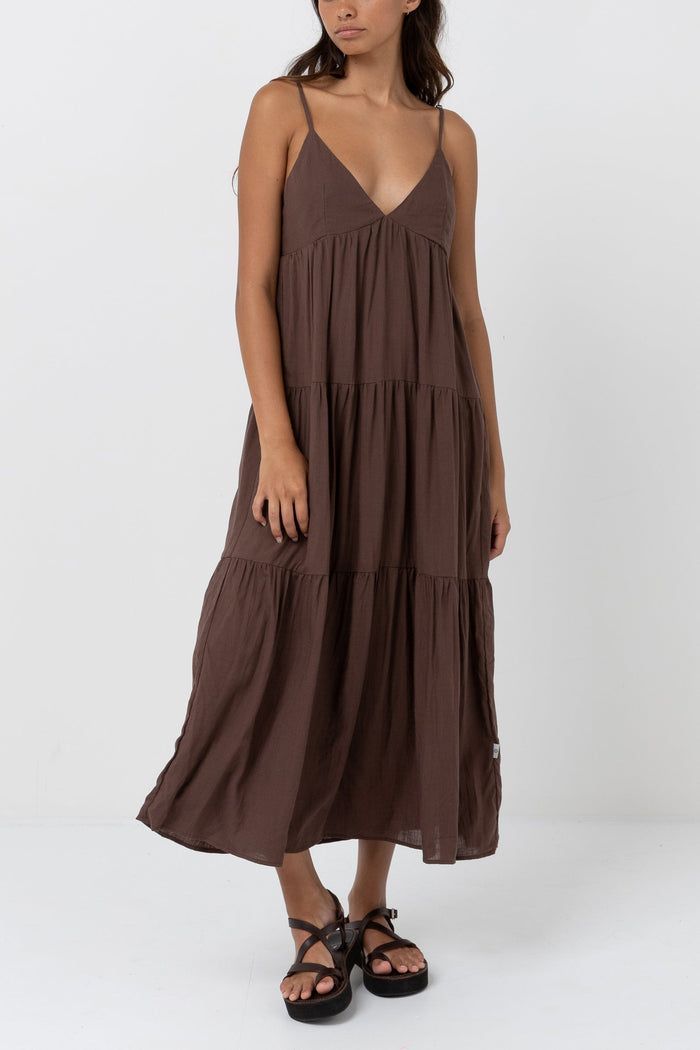 Rhythm Classic Tiered Midi Dress-Chocolate