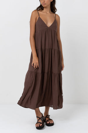 Rhythm Classic Tiered Midi Dress-Chocolate