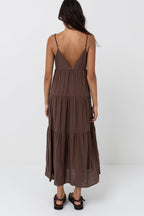Rhythm Classic Tiered Midi Dress-Chocolate