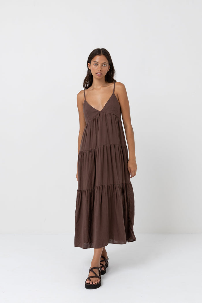 Rhythm Classic Tiered Midi Dress-Chocolate