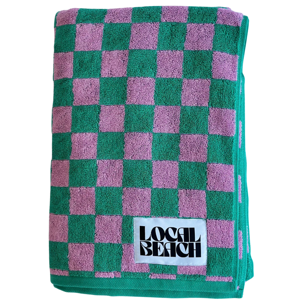 Local Beach Checker Beach & Bath Towel-Kelly/Bubble Gum