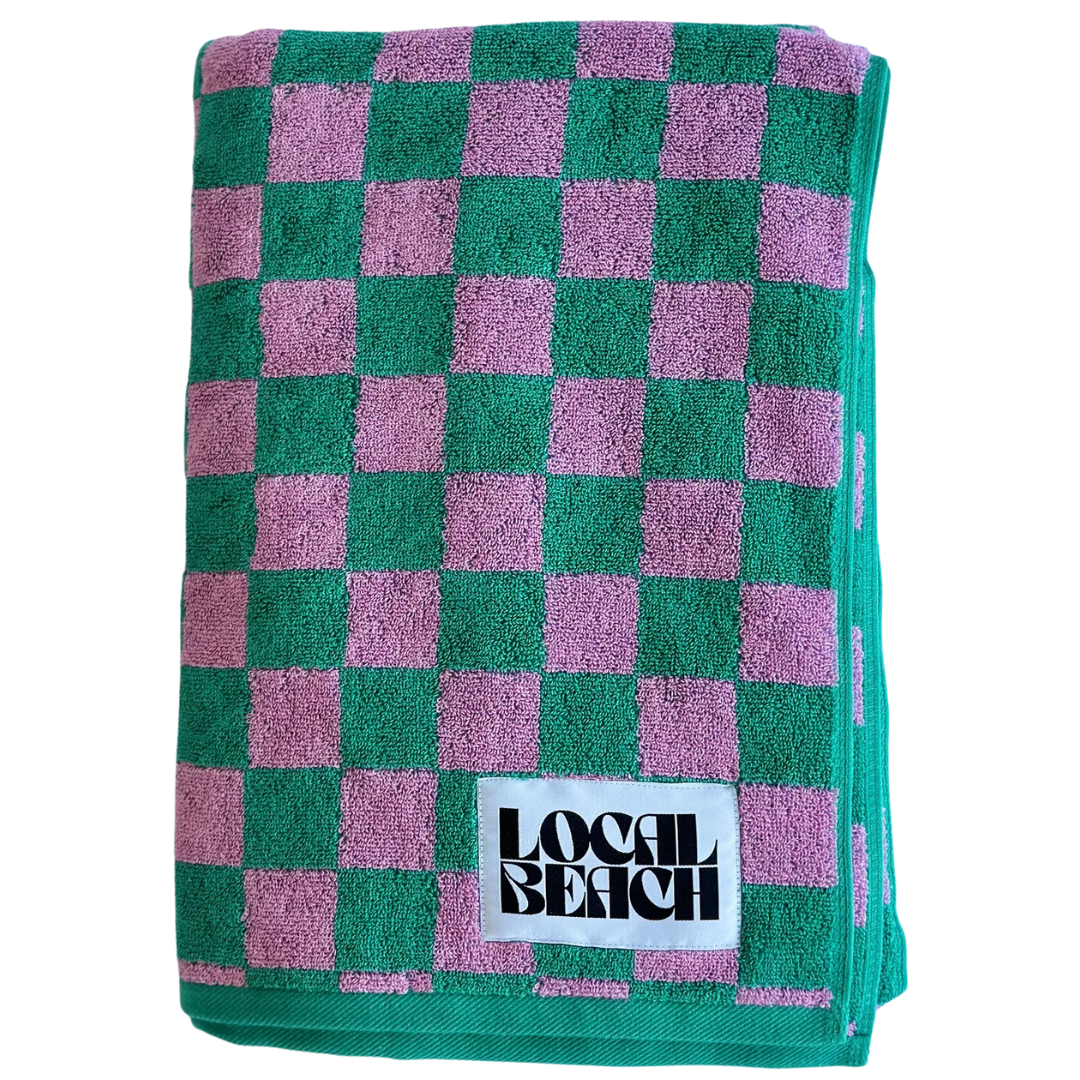 Local Beach Checker Beach & Bath Towel-Kelly/Bubble Gum