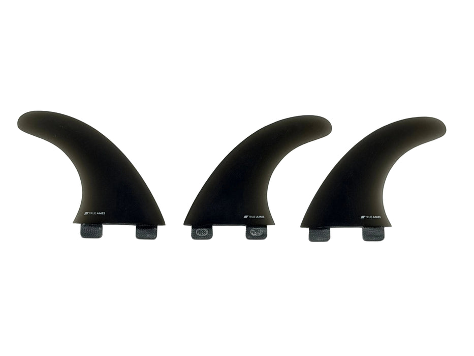 True Ames FCS Boomerang Fiberglass Tri Fin Set-Smoke-Medium