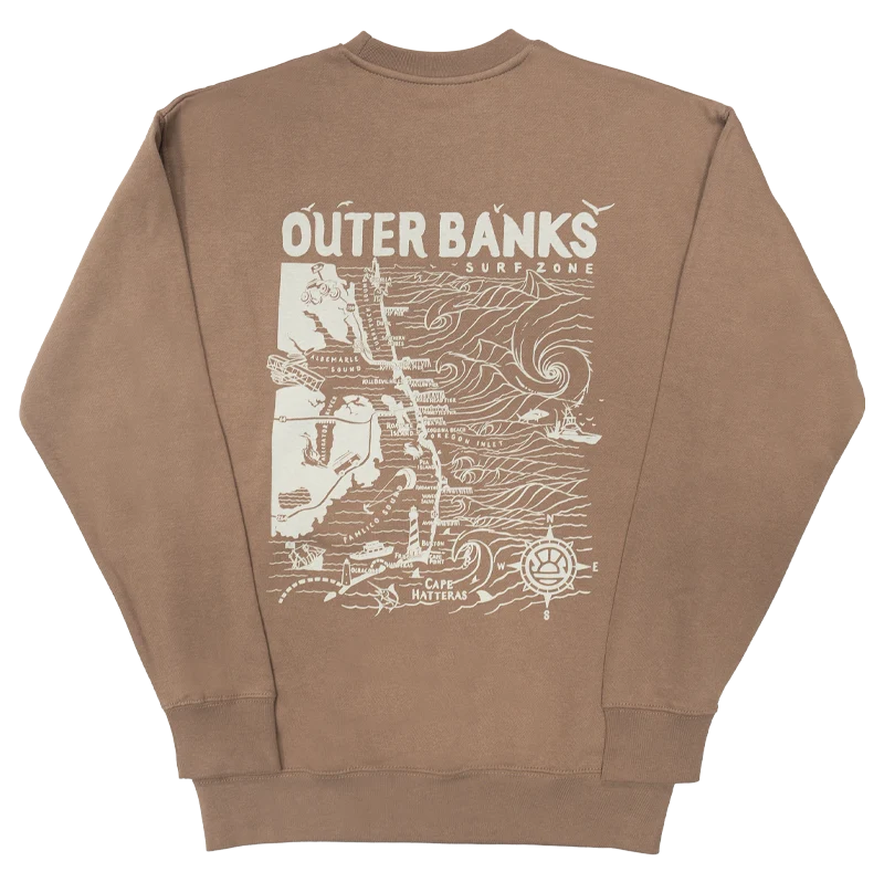 REAL Outer Banks Map Wmn's Crew Sweatshirt-Latte — REAL Watersports