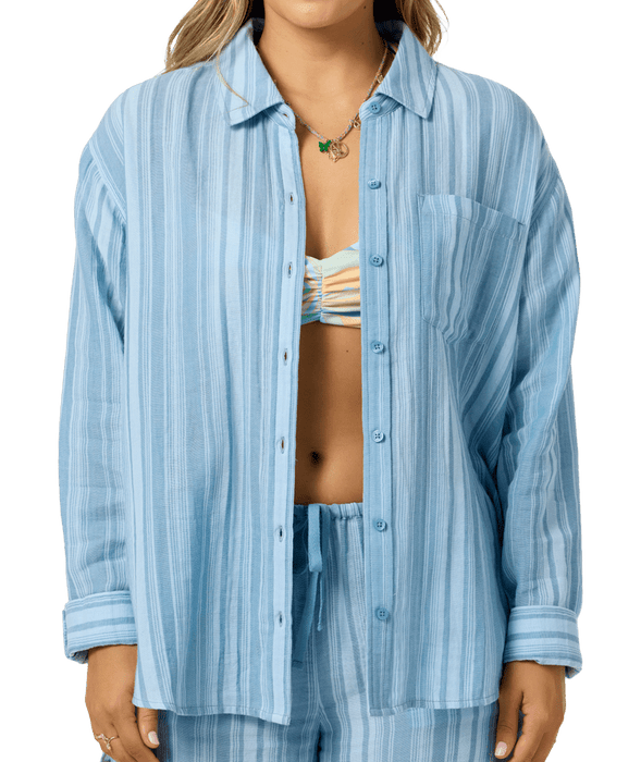 O'Neill Leni Waves Stripe Relaxed L/S Shirt-Chambray Blue