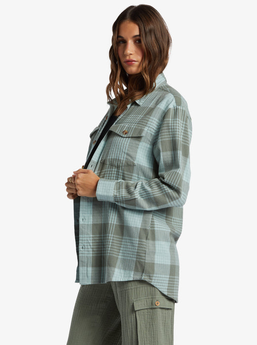 Roxy Let It Go Flannel L/S Shirt-Blue Surf Hallo Plaid