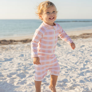 Emerson & Friends Pink Gingham L/S Rashguard One Piece-Pink