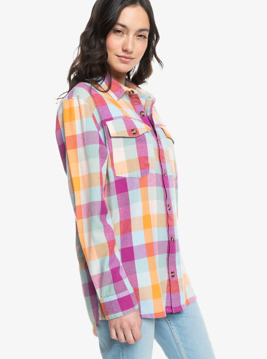 Roxy Let It Go Flannel L/S Shirt-Blue Surf Plaidodo