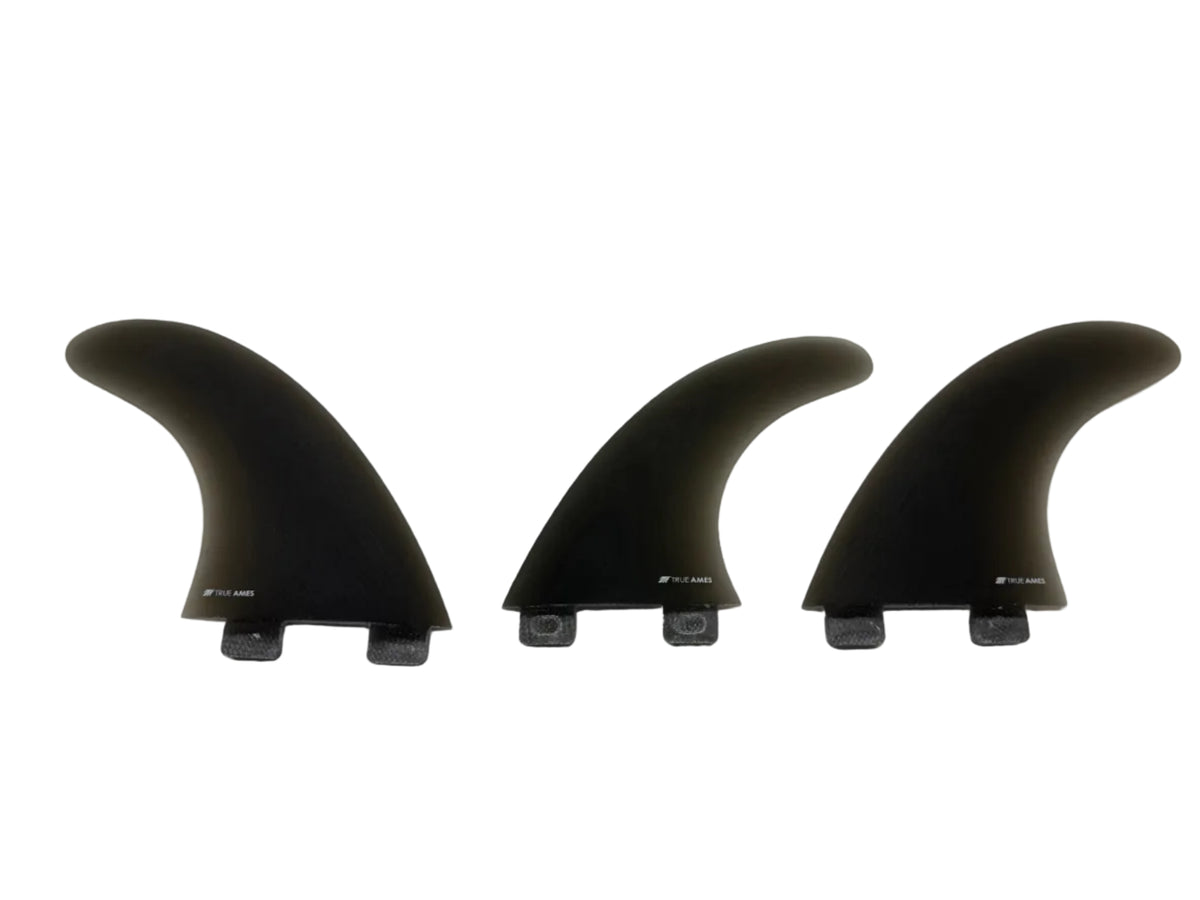 True Ames FCS Boomerang Fiberglass Tri Fin Set-Smoke-Large