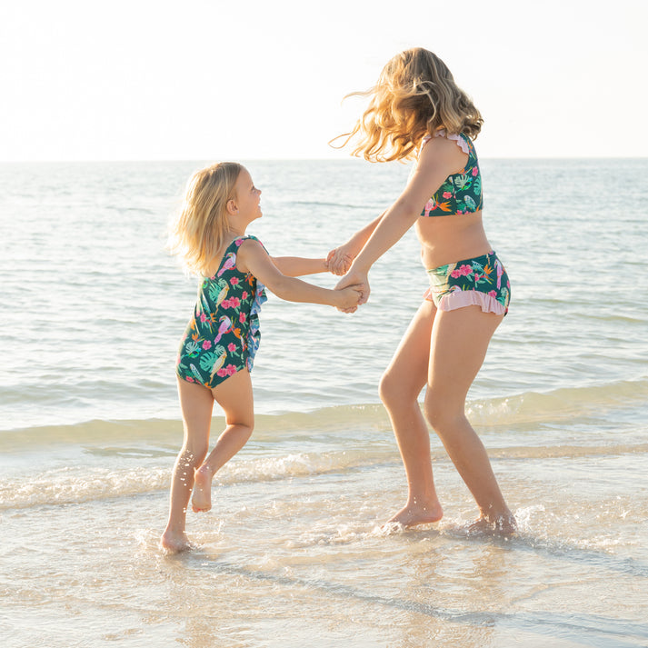 Emerson & Friends Isla Botanica Tropical Birds Ruffle Front One Piece-Green/Multi
