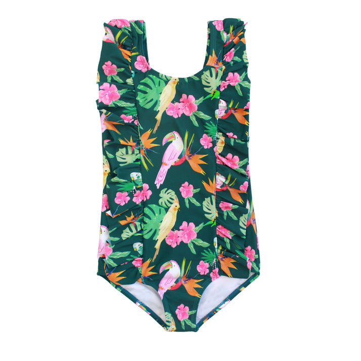 Emerson & Friends Isla Botanica Tropical Birds Ruffle Front One Piece-Green/Multi