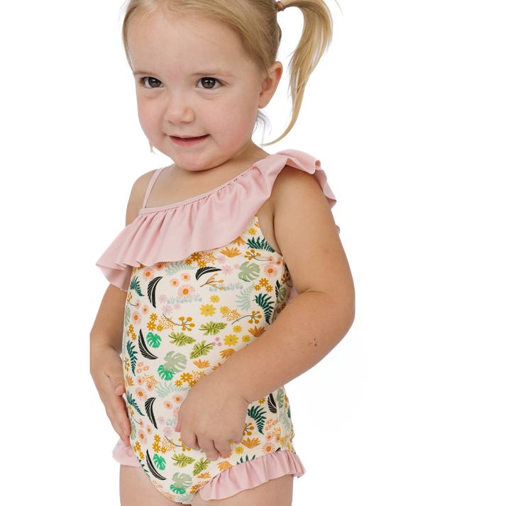 Emerson & Friends Tropical Blooms Ruffle Leg One Piece-Beige/Multi
