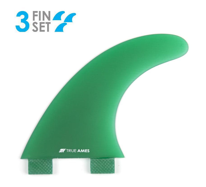 True Ames FCS Boomerang Fiberglass Tri Fin Set-Green-Medium