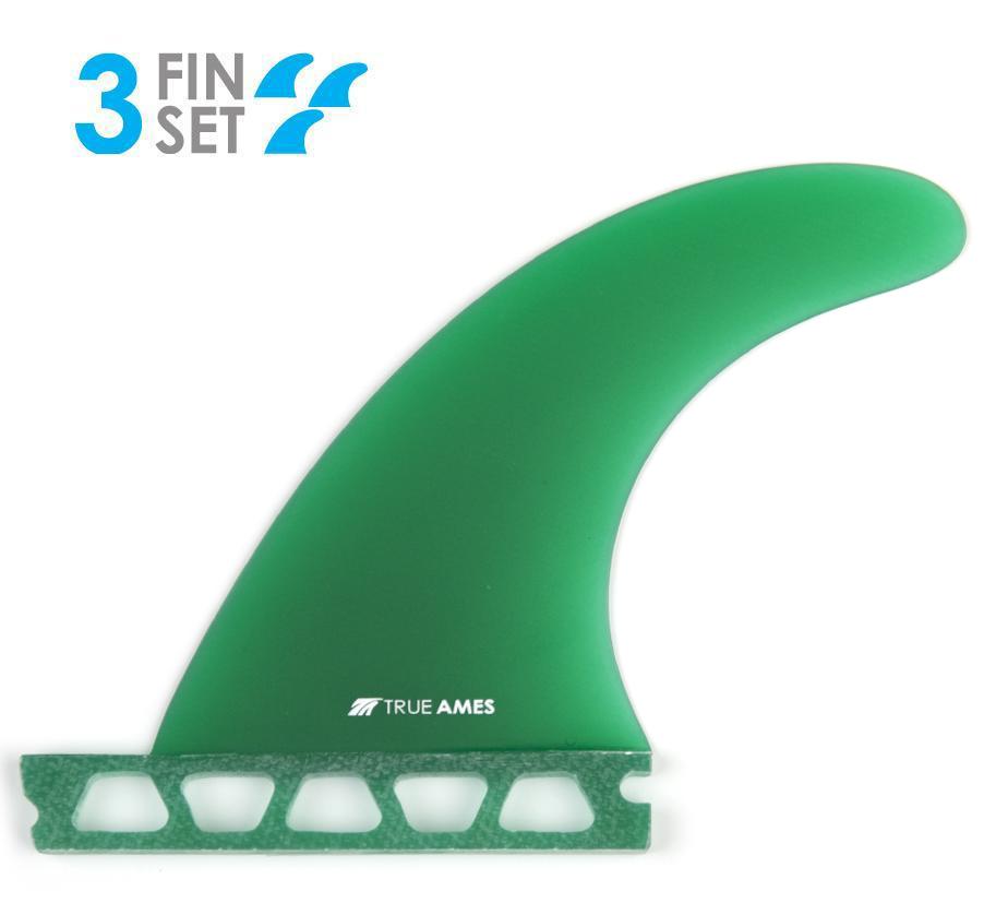 True Ames 1-Tab Boomerang Fiberglass Tri Fin Set-Grn-Medium