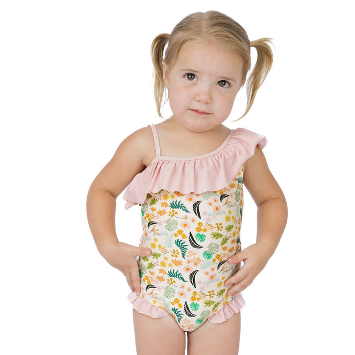 Emerson & Friends Tropical Blooms Ruffle Leg One Piece-Beige/Multi