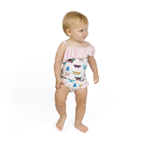 Emerson & Friends Wings of Paradise Butterflies Ruffle Leg One Piece-Beige/Multi