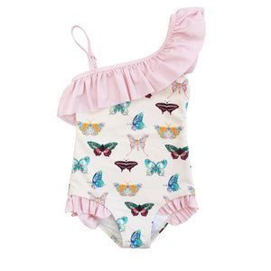 Emerson & Friends Wings of Paradise Butterflies Ruffle Leg One Piece-Beige/Multi