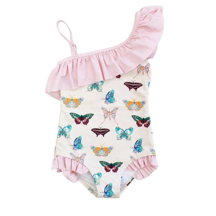 Emerson & Friends Wings of Paradise Butterflies Ruffle Leg One Piece-Beige/Multi
