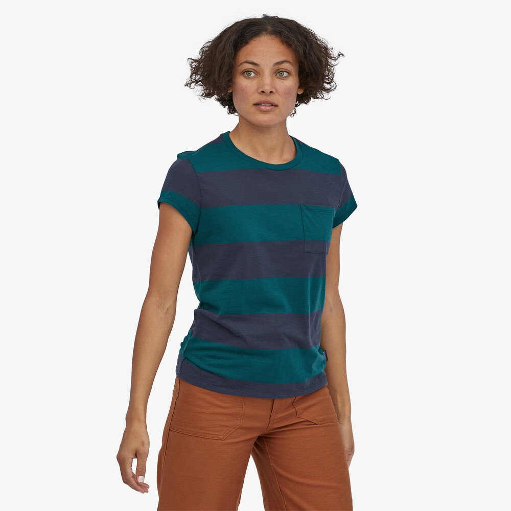 Patagonia W's Mainstay Tee-Anchor Stripe: Dark Borealis Green