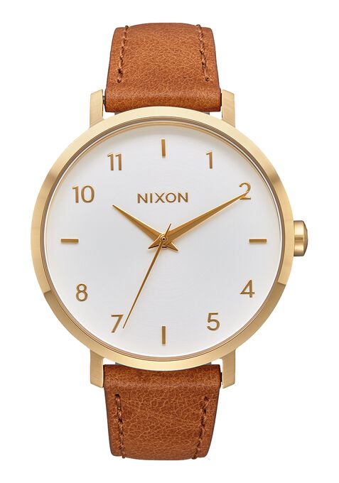 Nixon Arrow Leather Watch-Gold/White/Saddle