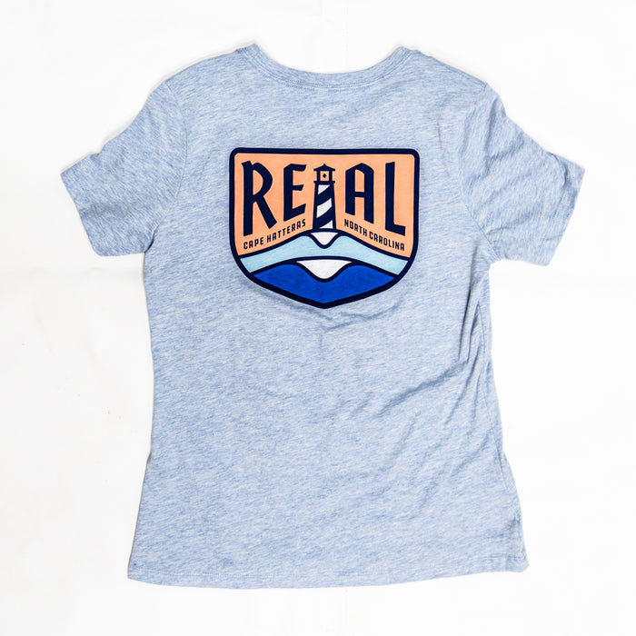 REAL Wmn's Lighthouse Badge Tee-Heather Prism Blue