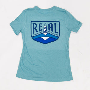 REAL Wmn's Lighthouse Badge Tee-Heather Blue Lagoon— Alternate View